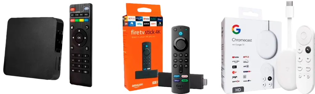 Dispositivos compatibles con IPTV en Chile como Fire TV Stick, Roku, Android TV Box y Apple TV