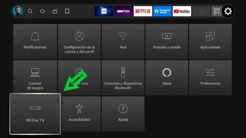 Acceso al menú Mi Fire TV en la configuración del Fire TV Stick