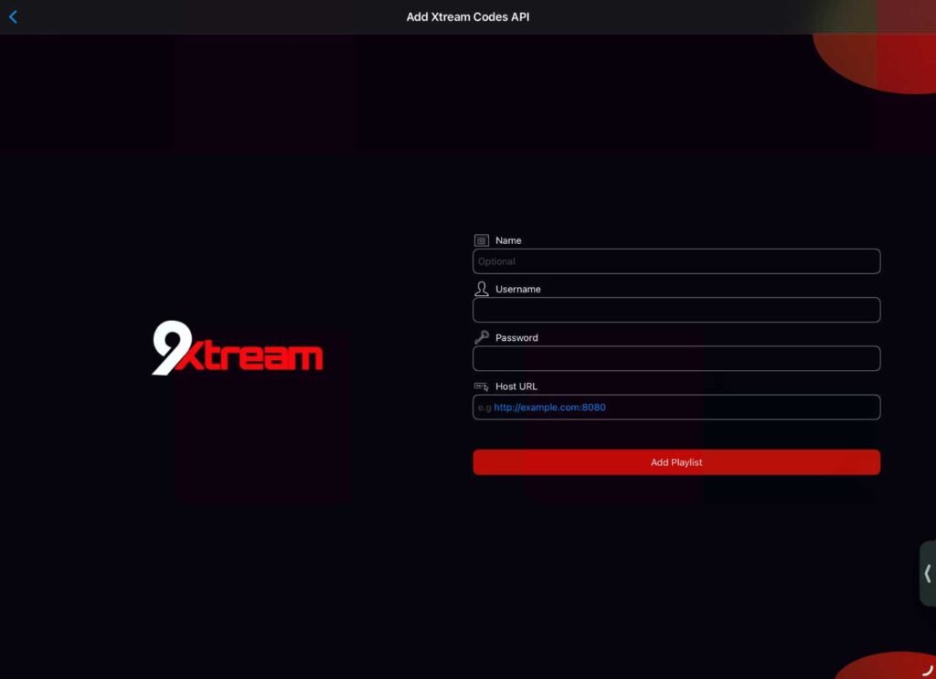 Formulario de Add Xtream Codes API en 9Xtream con campos de nombre, usuario, contraseña y URL