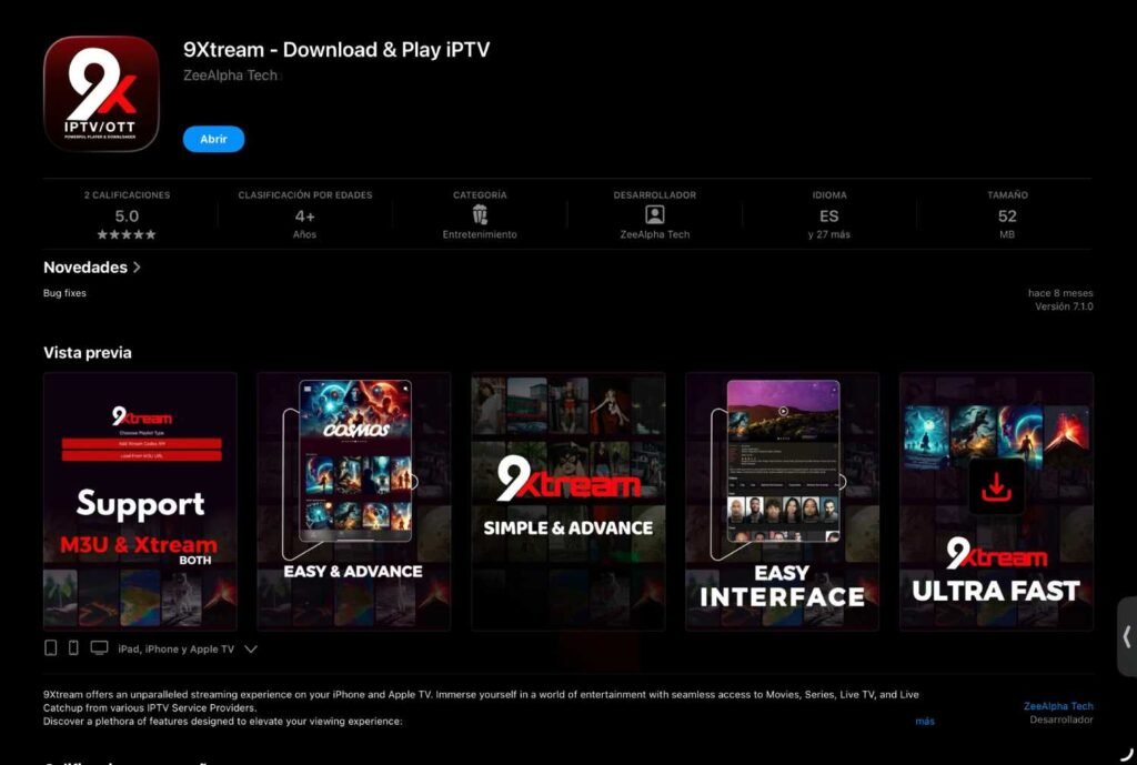 Página de 9Xtream IPTV Player en el App Store, app gratuita compatible con iPhone, iPad y Apple TV