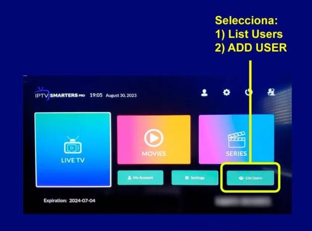 Pantalla principal de IPTV Smarters Pro en Smart TV mostrando el botón List Users para agregar una cuenta