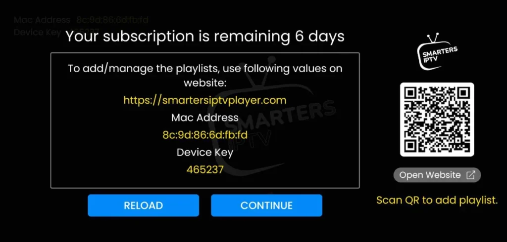 Pantalla de Smarters IPTV en Roku mostrando el MAC Address y Device Key necesarios para activar el servicio