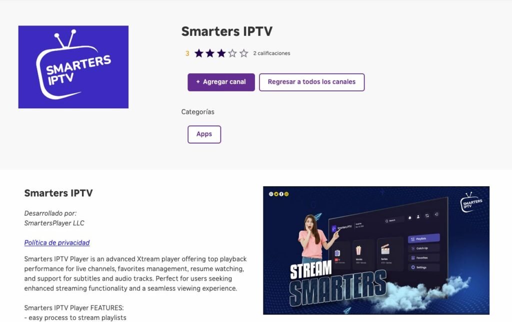 Página de Smarters IPTV en la tienda de canales de Roku con el botón Agregar canal
